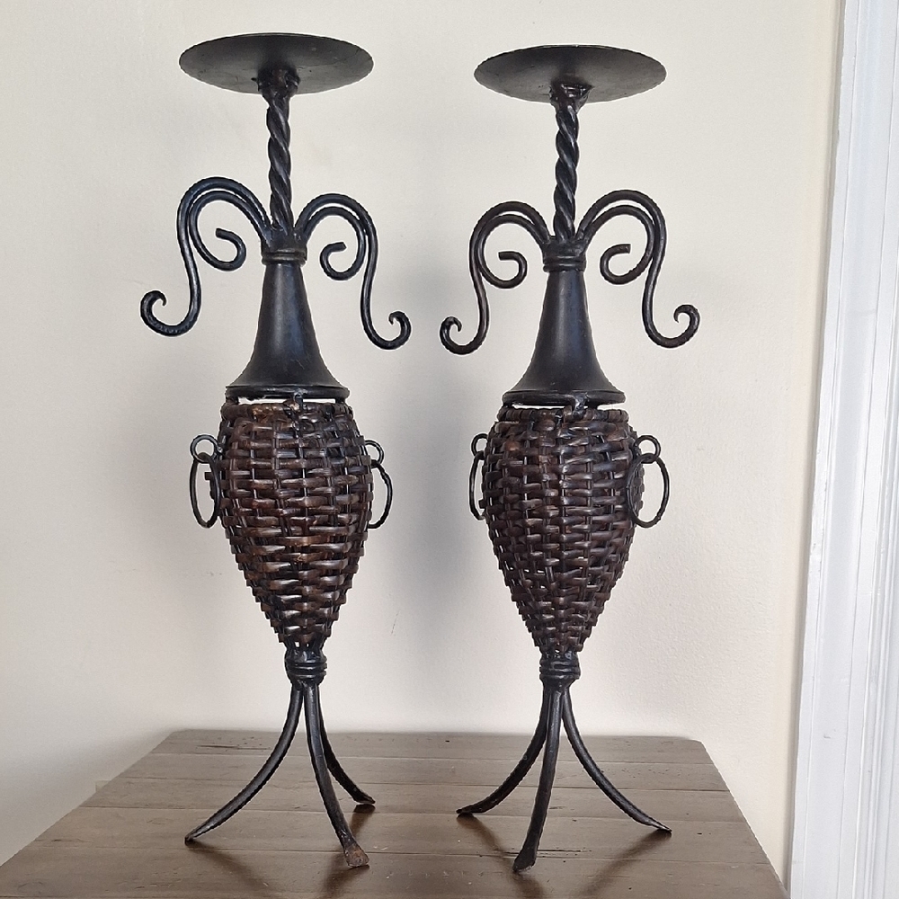 Pair Of Wrought Iron And Brown Wicker Candle Holders